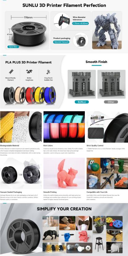 SUNLU PLA+ (PLA Plus) 3D Printer Filament 1KG Massive color selection Stronger Brighter Clog/Bubble/Tangle-Free Dimensional Accuracy ±0.02mm