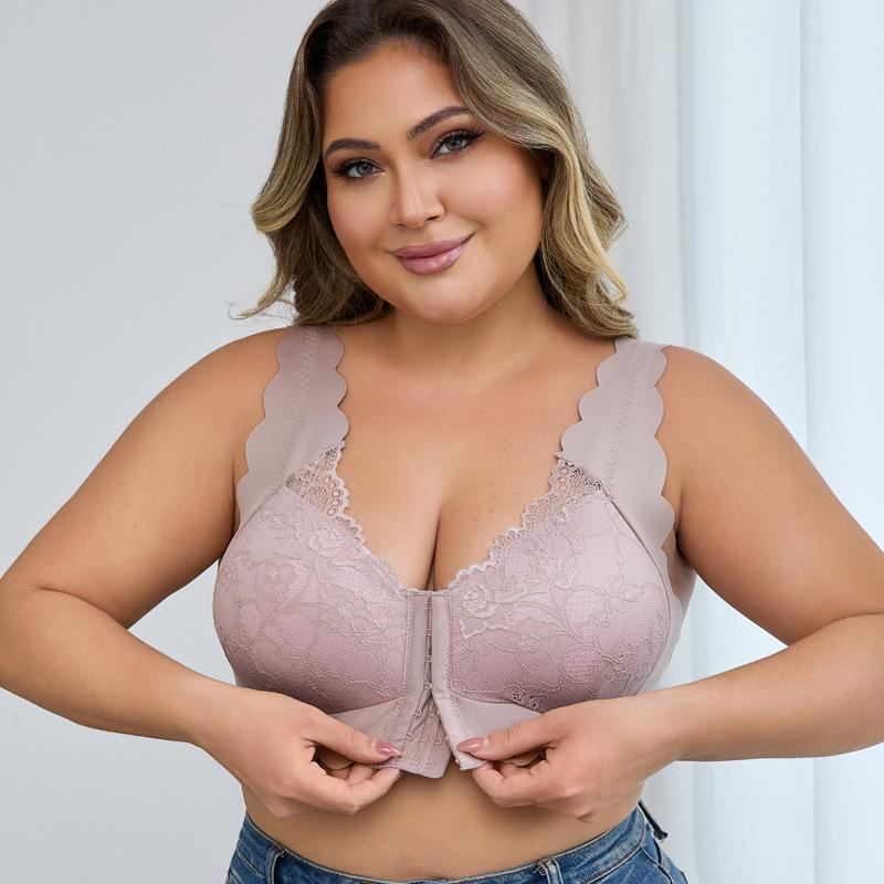 SERACAL 1 Piece Women's Plus Size Floral Lace Front Buckle Wireless Push Up Bra Thin Three Quarter Cup Underwear for Daily Wear