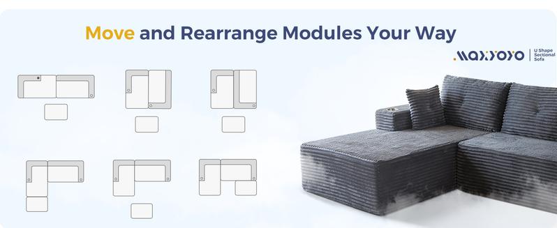 【2 Packages Shipping】MAXYOYO 104" Plush Corduroy Cloud Velvet Modular Boneless Couch with Chaise & Ottoman, No Assembly Required - U-Shaped Sectional Sofa Set with Flexible Configuration,  Oversized Sofa Sleeper with Deep Seat