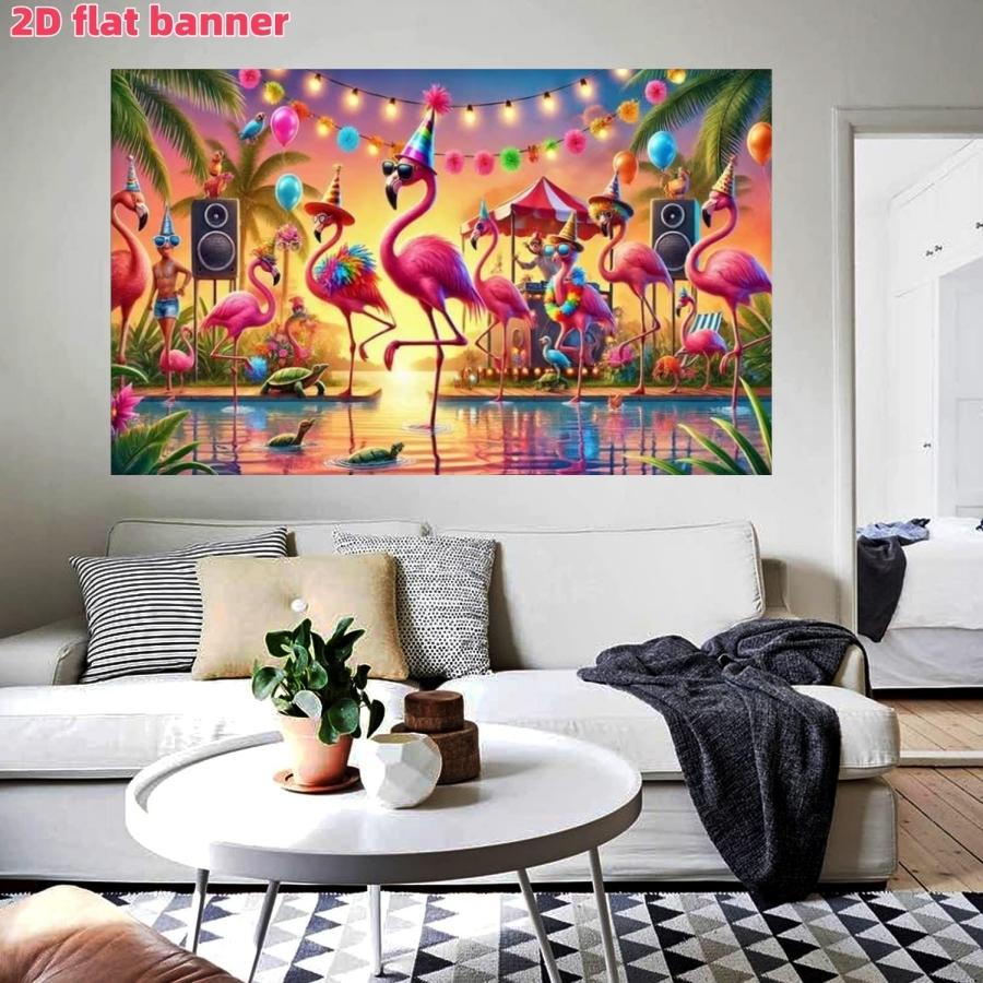 Hawaiian Bright Flamingo Party Backdrop Banner, Tropical Beach Scene, Polyester Material, Festive Decor for Summer Parties