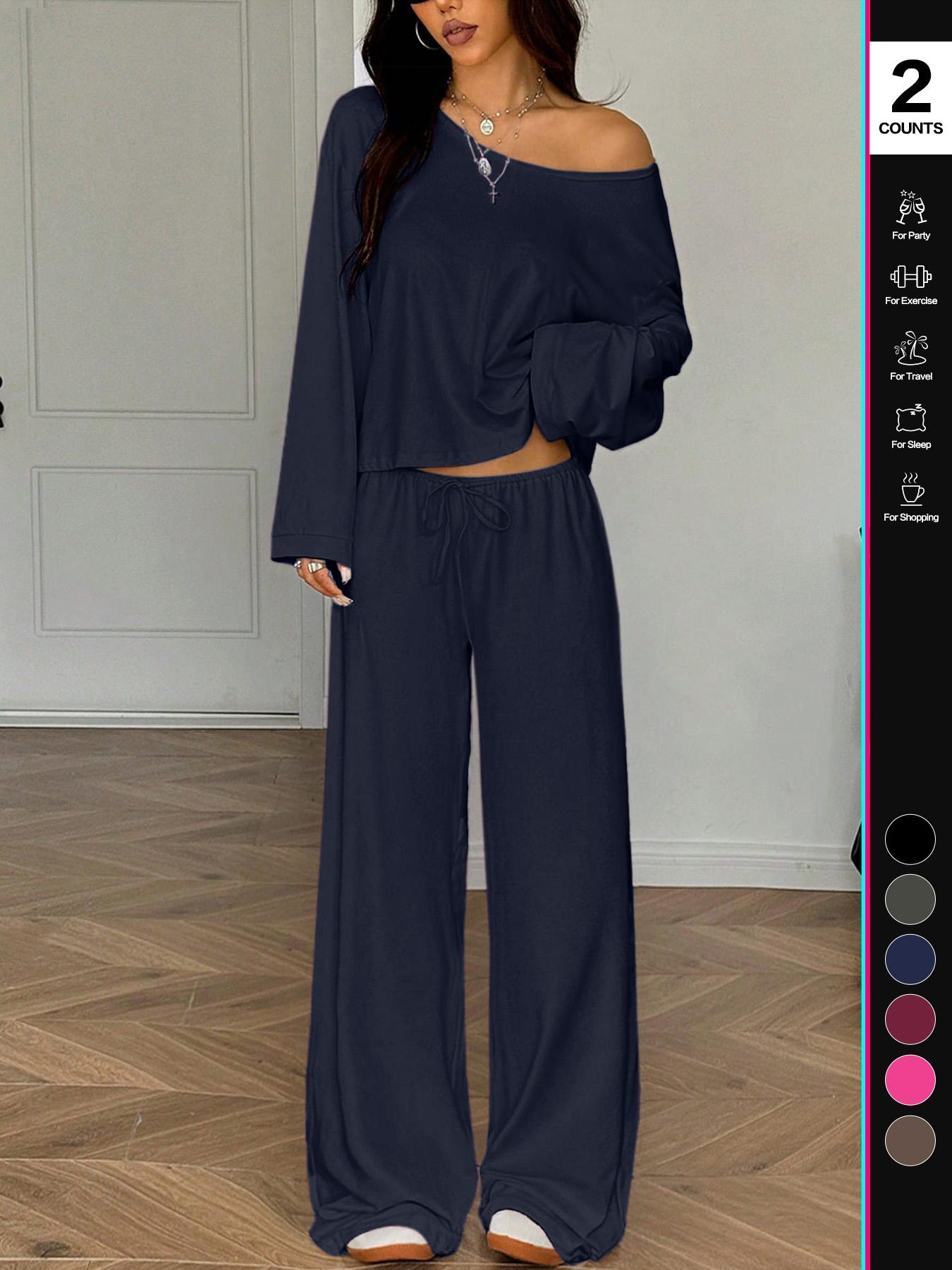 Women's 2 Piece Matching Lounge Set Off The Shoulder Long Sleeve Top and Drawstring Wide Leg Pants Casual Sweatsuit