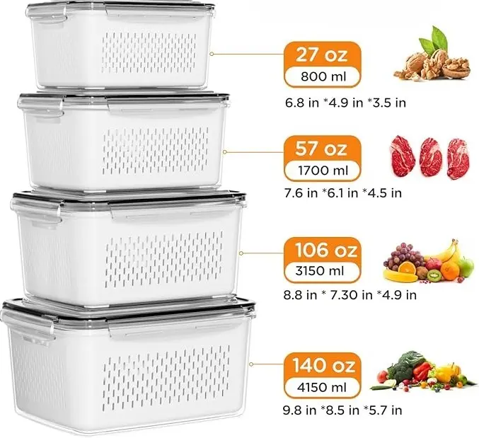 Kitchen Refrigerated Storage Boxes, Airtight Seal Polypropylene Containers with Drain Basket, 2-Layer Functional Produce Keepers (Small/Medium/Large Sizes) for Fruits, Vegetables