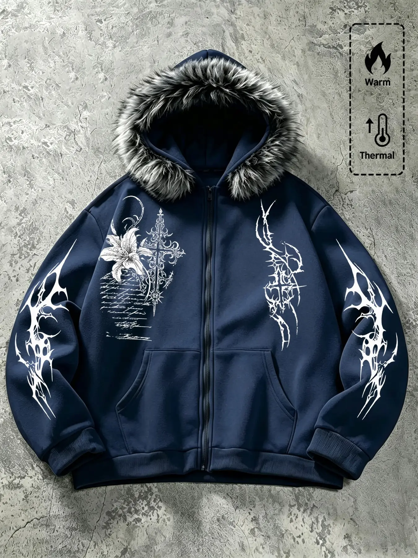 Men's Fall Winter Faux Fur Hooded Jacket, Dark Thorn Floral Cross Print, Soft Faux Fur Hood Design, Streetwear Outerwear, Layerable Pullover