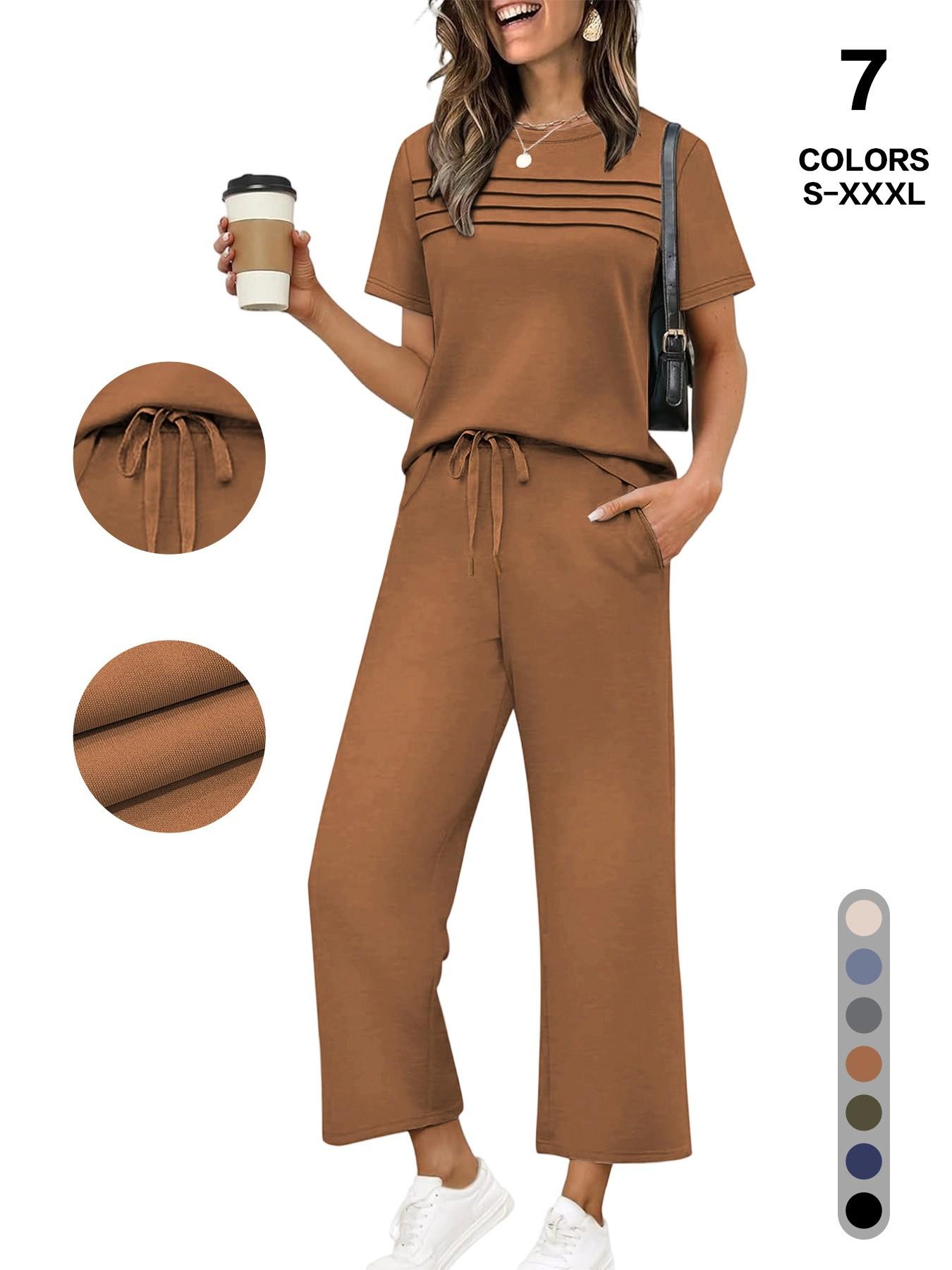 Women's 2-Piece Casual Fit Short Sleeve Pajama Set, Breathable Top + Drawstring Pants with Pockets, Fashionable for Home & Office, Loungewear, Casual Pajamas Set