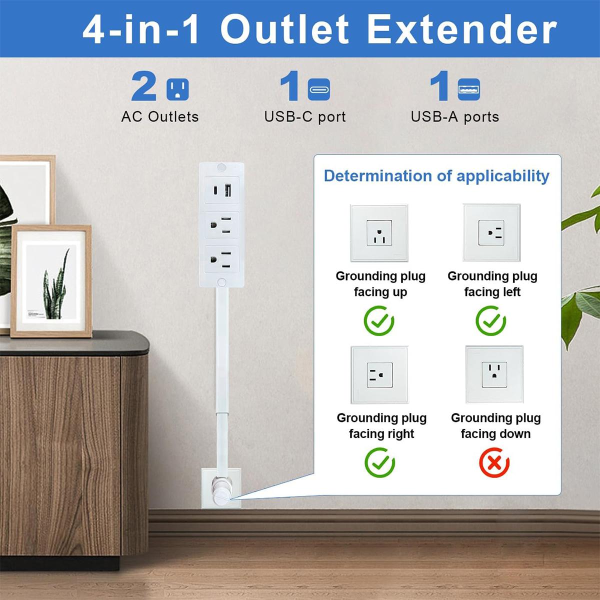 Power Socket Expander 180° Rotating Outlet Extender with 17"-27" Adjustable Extension Cord 2 AC Outlets + USB-A/USB-C Fast Charging Fire-Resistant & Overload Protection for Tight Spaces Behind Couches Beds Desks