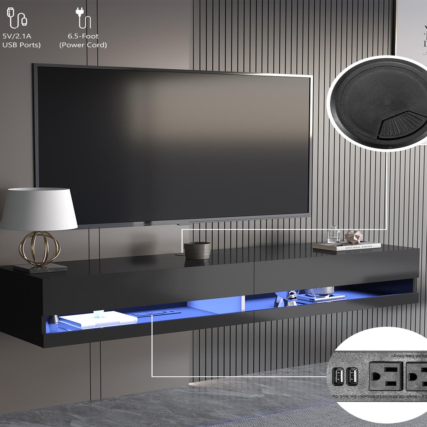 71'' Floating TV Stand for 75/80/85 inch TV, Wall Mounted TV Stand with LED Lights and Power Outlets, Modern High Gloss Entertainment Center, Media Console, Hanging TV Shelf for Living Room, White/Black