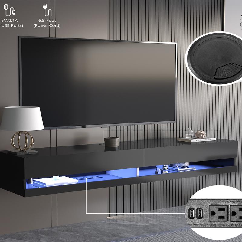 71'' Floating TV Stand for 75/80/85 inch TV, Wall Mounted TV Stand with LED Lights and Power Outlets, Modern High Gloss Entertainment Center, Media Console, Hanging TV Shelf for Living Room, White/Black