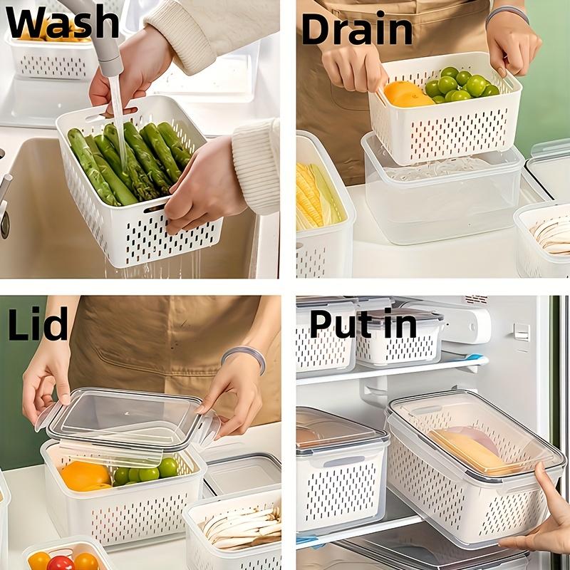 3Piece Plastic Food Storage Containers Set with Lids and Strainers Airtight Leakproof Freezer Safe Fridge Storage Container Reusable Food Storage for Fruit Vegetable Meal Prep Kitchen Organization