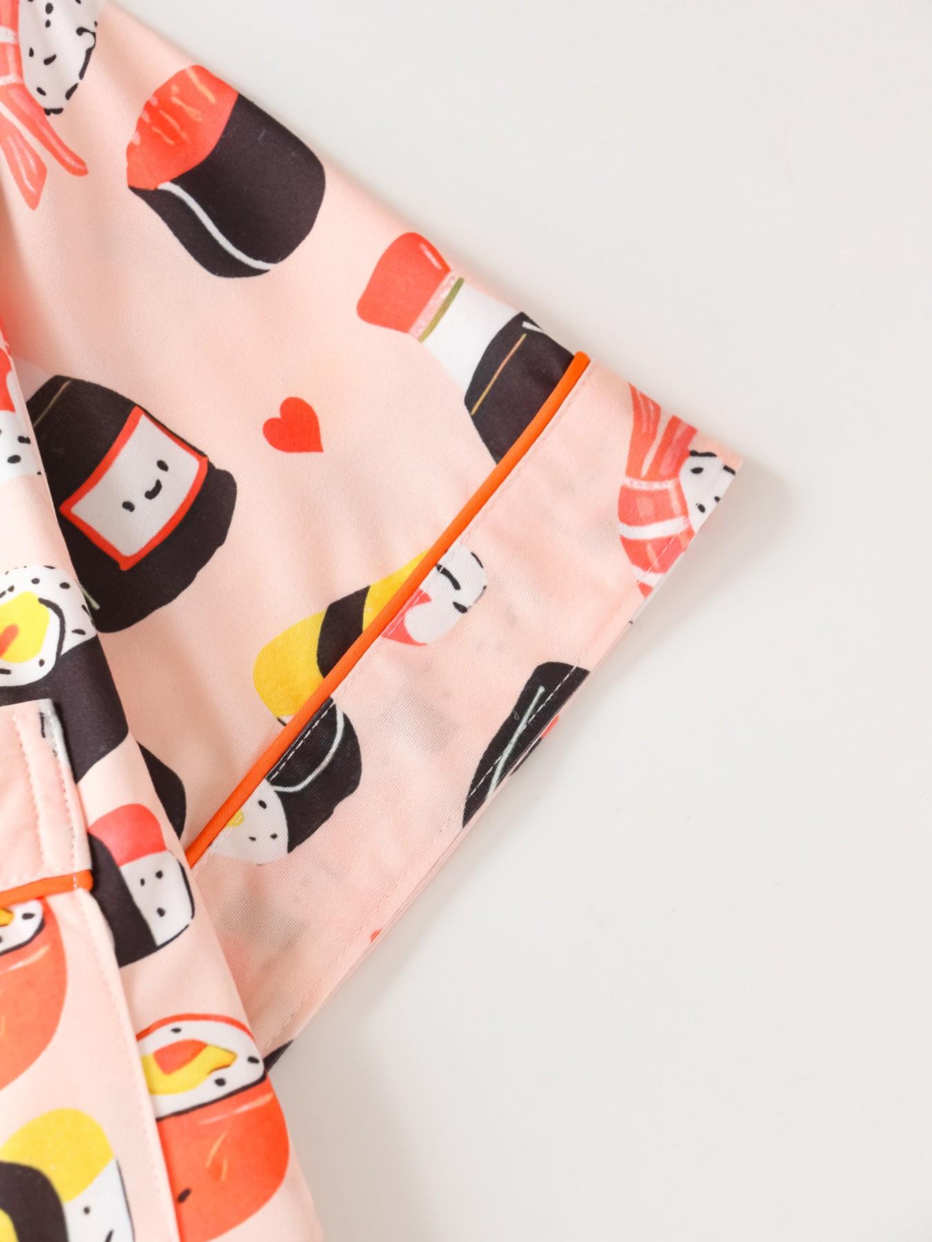 Women's Sushi Full Print Pajama Set, Collared Button Short Sleeve Top and Loose Comfortable Shorts, Fun Sweet Sleepwear Set