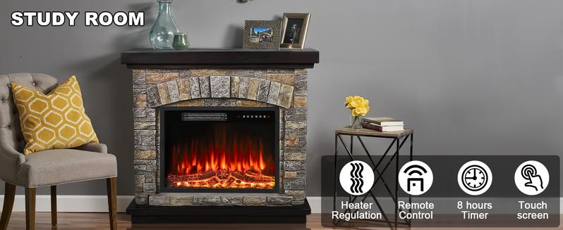 PUKAMI Electric Fireplace with Mantel, 36 inch Freestanding Stone Fireplace Heater TV Stand with Remote Control, Realistic Flame Effect and 3D Log, 750W/1500W
