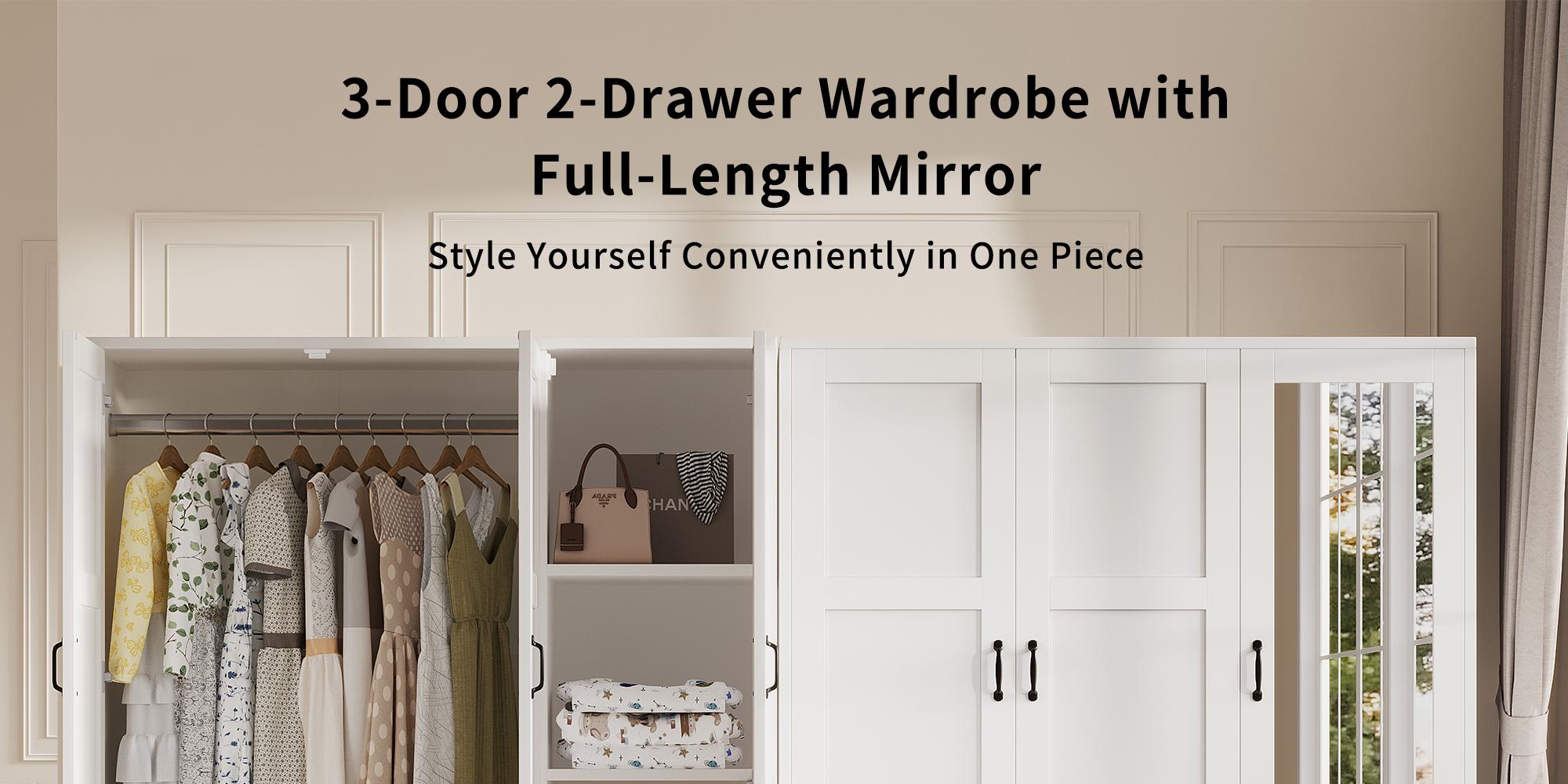FUSOU 5-in-1 Wardrobe Closet with Full Length Mirror and 2 Drawers, Freestanding Storage Cabinet with Adjustable Shelves, Modern White Wood Armoire for Bedroom Organization FUSOU 5-in-1 Wardrobe Closet with Full Length Mirror and 2 Drawers, Freestanding Storage Cabinet with Adjustable Shelves, Modern White Wood Armoire for Bedroom Organization