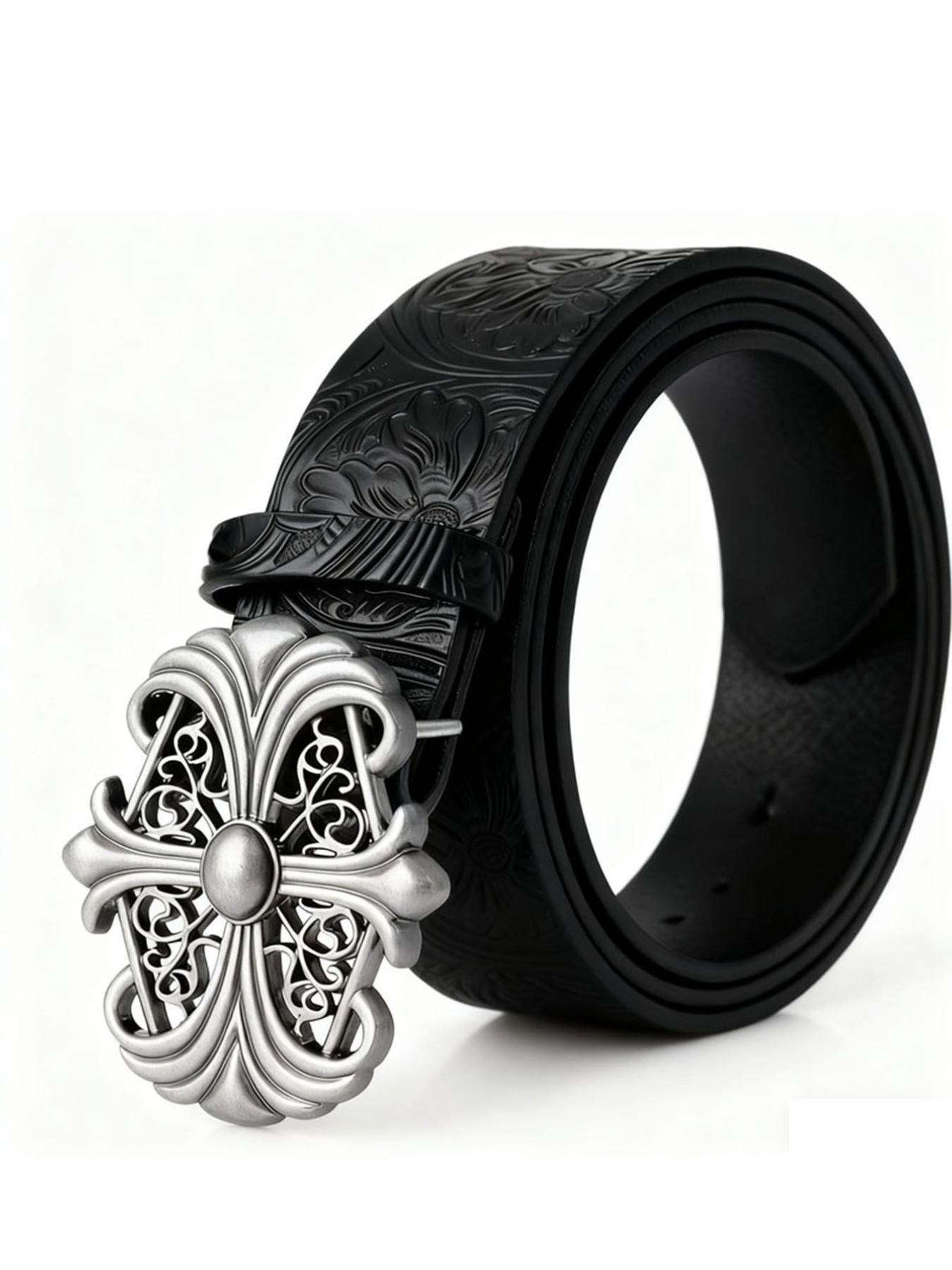 1pc Boho-Chic Faux Leather Belt with Vintage Oval Hollow Buckle, Stylish Accessory for Jeans Dresses & Casual Wear
