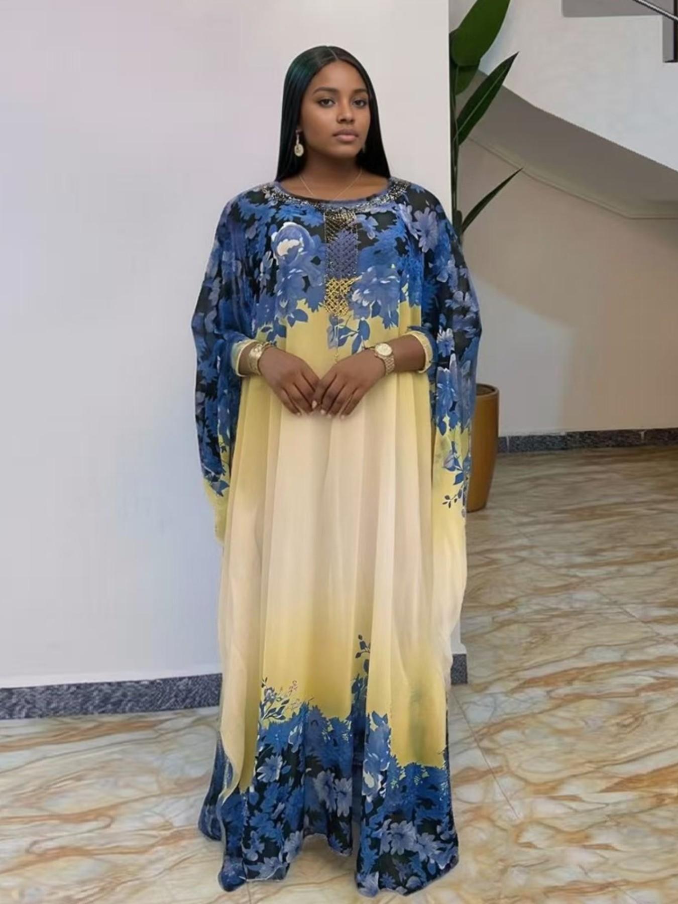 African Style Boho Gradient Print Chiffon Two-Piece Dress, Loose Fit Batwing Sleeve Long Gown, Muslim Commute Vacation Slimming Robe African Dress For Women With Headscarf, Classy Modest Dresses
