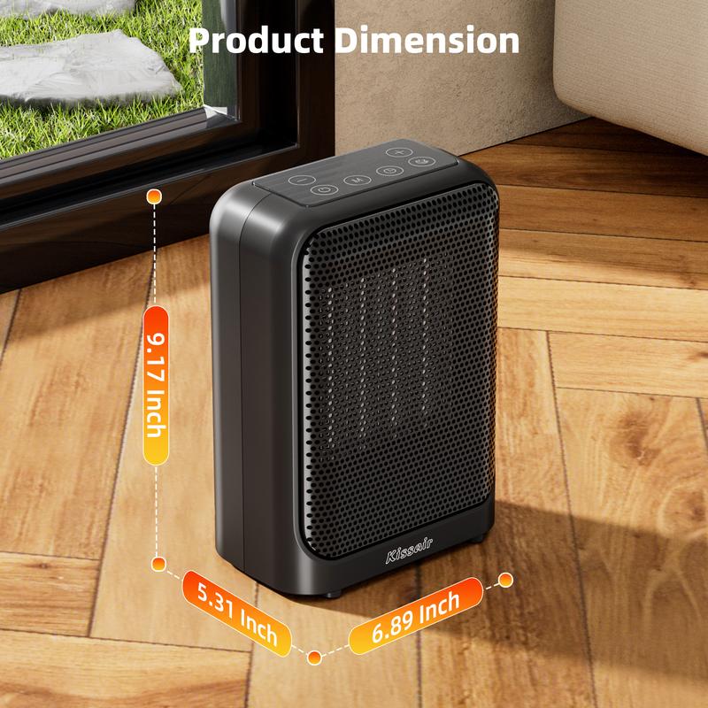 KISSAIR Ceramic Fast-Heating Space Heater: 24-Hour Timer + LED Display, Overheat & Tip-Over Protection (Safer), Quiet DC Motor, Eco/Sleep/Child Lock Modes, Precise NTC Sensor (77°F - 95°F) — For Bedrooms, Offices, Small Apartments, Bathrooms