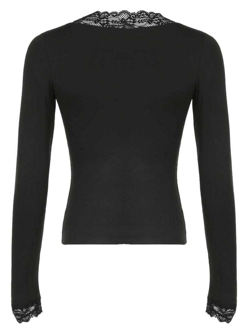 Women's Contrast Lace V Neck Tee, Elegant Long Sleeve Top for Daily Wear, Ladies Clothes for All Seasons