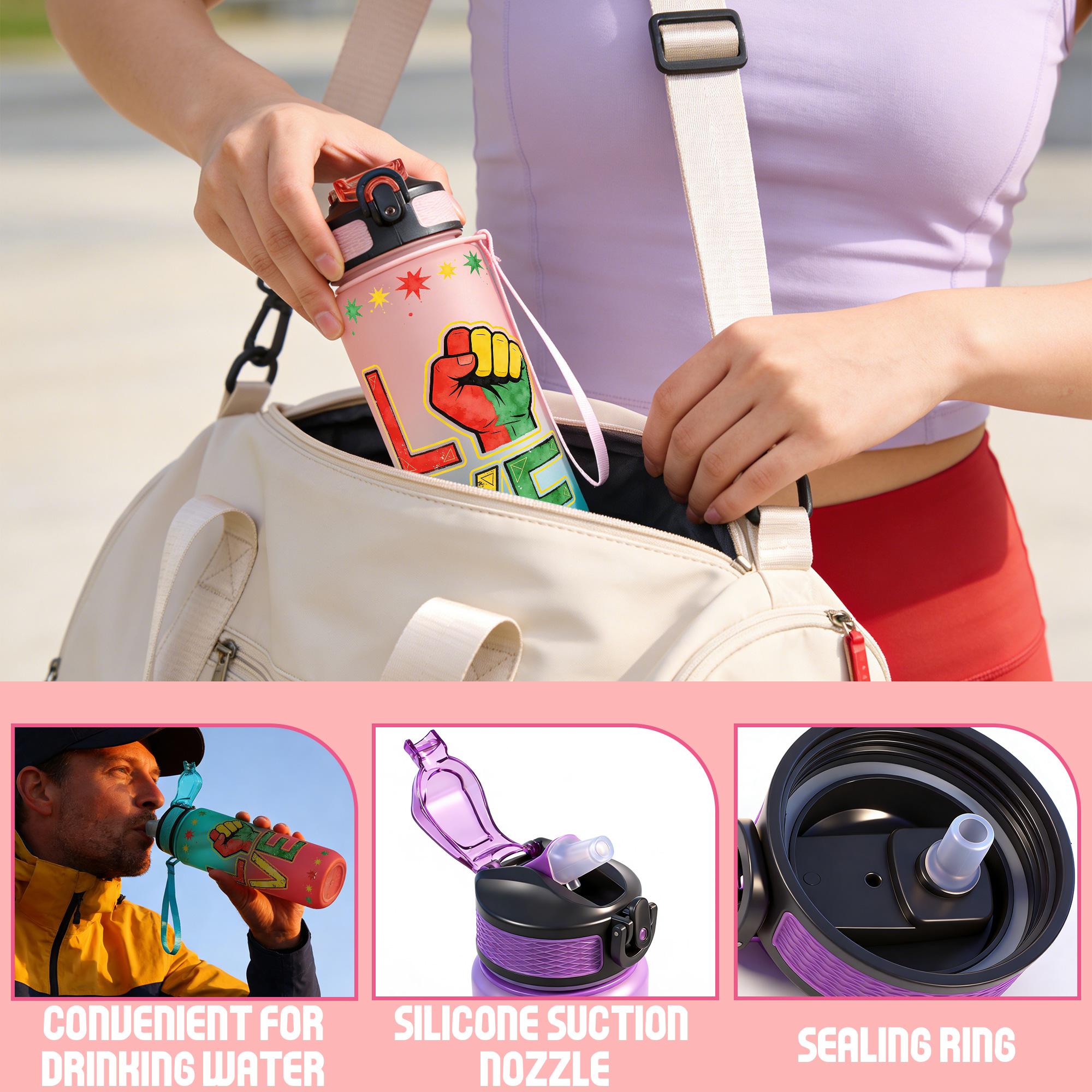 1pc,32oz Water Bottle Black Fist Love Design Durable  Leak-Proof 1000ml Time Marker Water Bottle - Shatter-Resistant for Sports, Fitness, Hiking & Outdoor Travel - Large Capacity, Ideal Gift