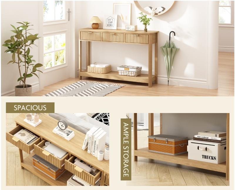 PieDle Furniture Fluted Console Table with Drawers, Modern 47.1" Entryway Table with Storage Shelf, Boho Narrow Skinny Behind Couch Wood Sofa Table for Living Room Hallway Entrance Foyer