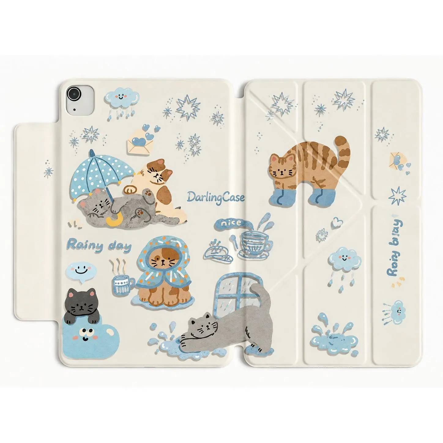 DarlingCase Kawaii Blue Cat TPU+PC+PU iPad Case, Magnetic Detachable Cover with Y-Fold Multi-Angle Stand, Pencil Holder, Shockproof Protection, Auto Wake/Sleep for iPad 10th Gen, 11th Gen, Air, Pro, Mini, A16