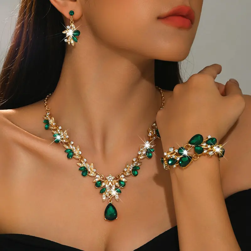 Eco-Friendly Fashion Jewelry Set - Shimmering, Stylish Flowers Crystal Water Drop Bridal Necklace, Earrings & Bracelet, Flowers Jewelry Sets, Shimmering Jewelry Sets