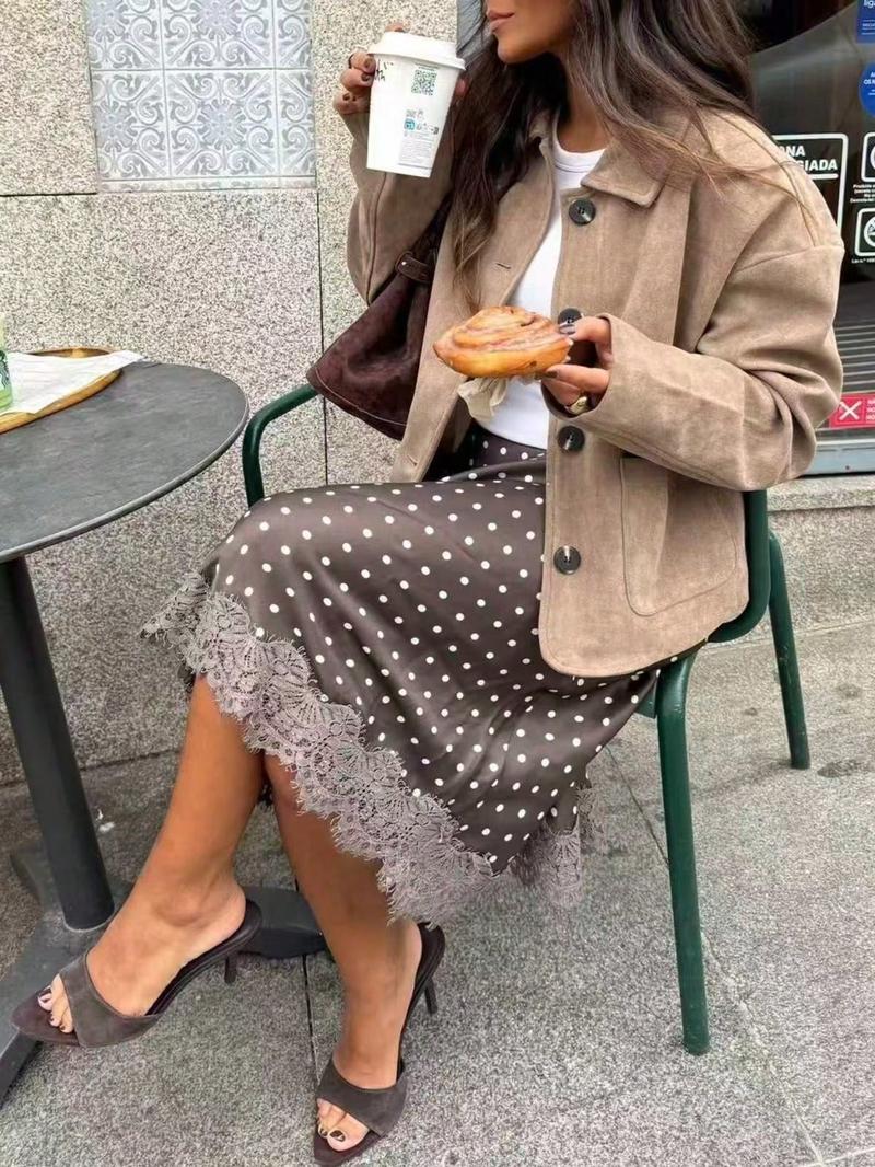 Women's Polka Dot Patchwork Colorblock Elegant Party Fabric Lace Trim Skirt, Vacation Beach Autumn Winter Fashion