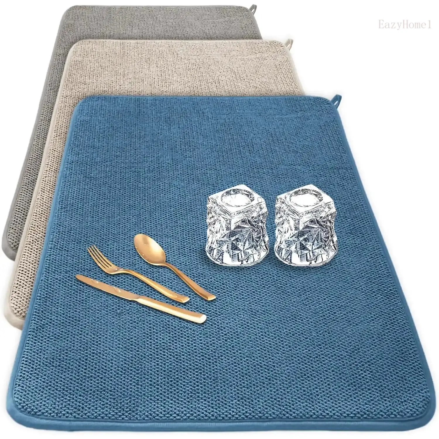 3-Pack XXL Modern Microfiber Rectangular Dish Drying Mats - 17x24 in Non-Slip Durable Pads, Easy-Absorbent Fabric, Mold-Resistant, Cushioned for Kitchen Counter Table Top, Foldable, Hangable, Beige/Blue/Gray Home Organizer Supplies for Glassware