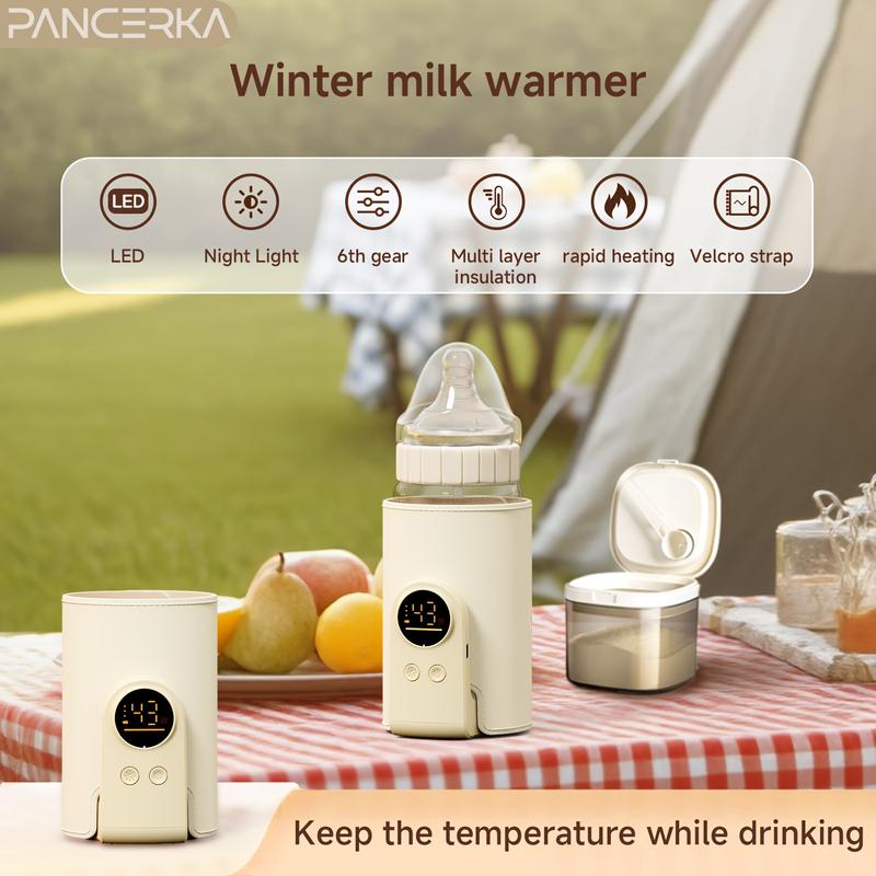 Portable Baby Bottle Warmer with Temperature Monitor, 6 Adjustable Settings, USB Rechargeable, Night Light, Essential Travel Accessory, Fast Bottle Warmers