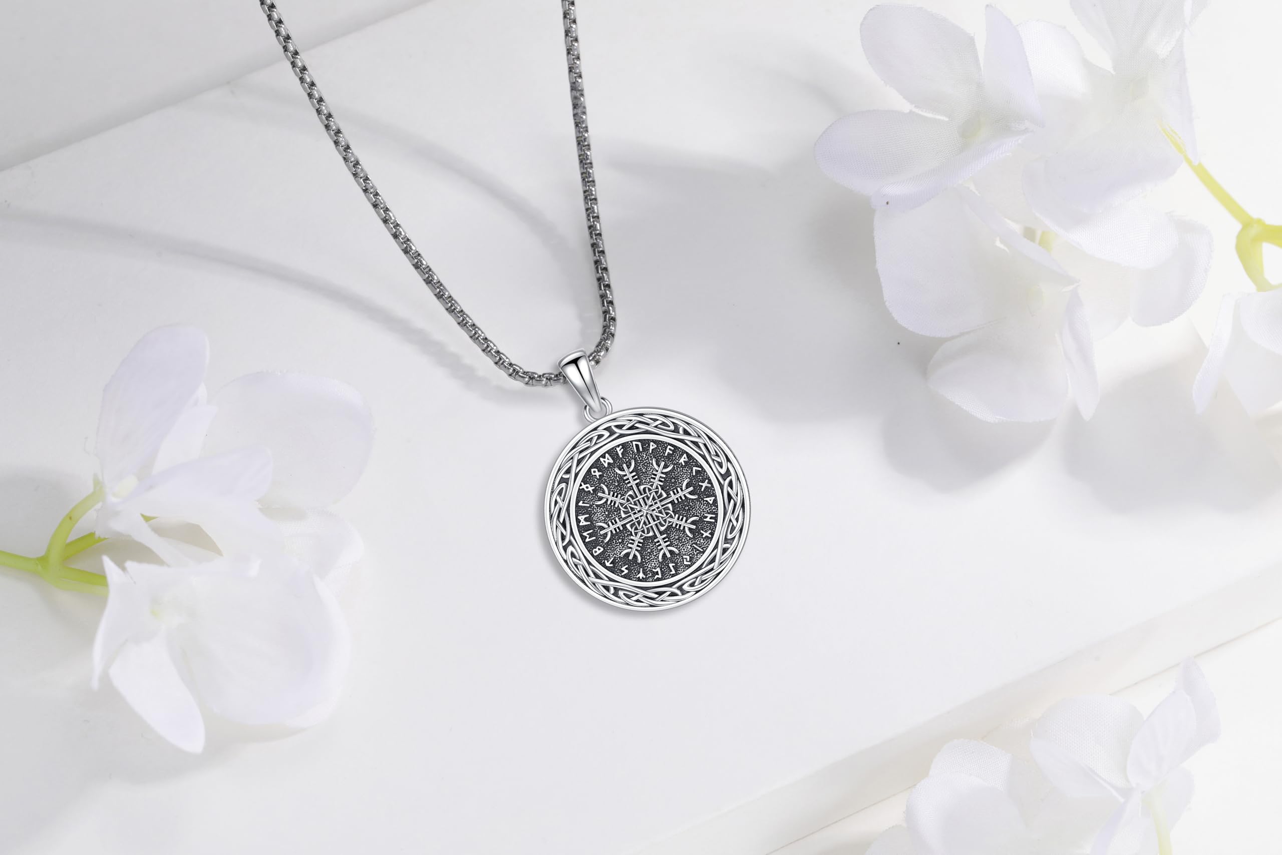 DRINSPER Viking Compass Necklace 925 Sterling Silver Pendant Vegvísir with Futhark Celtic Knot Decor Pagan Jewelry Gift for Men Women