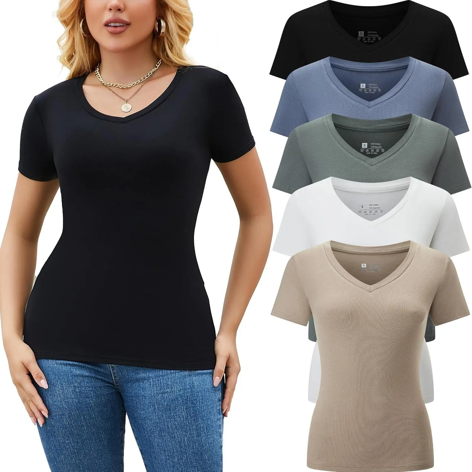 5 Pack Women's V Neck Short Sleeve Slim Fit T-Shirts | Soft Stretch Breathable Casual Tees for Everyday Summer OutfitsGift