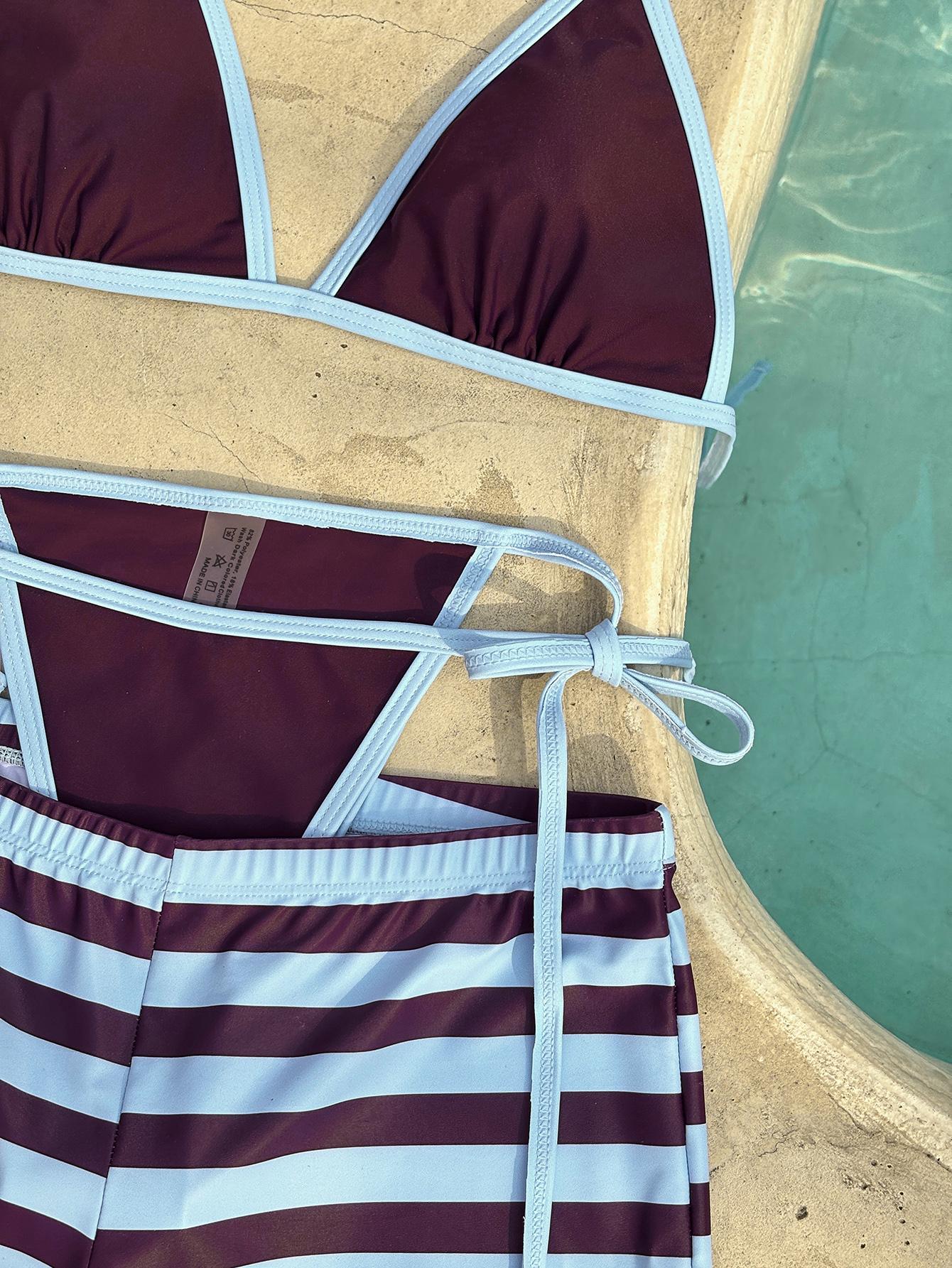 Blue & Brown Striped 3-Piece Bikini Set with Swim Shorts, Women's Retro Color Block Swimsuit for Beach & Pool