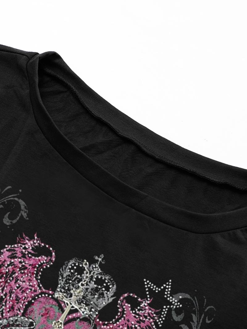 Women's Asymmetrical Neck Digital Print Summer Casual T-Shirt, Vintage Campus Style, Fashion Trend Letter Design Women's Asymmetrical Neck Digital Print Summer Casual T-Shirt, Vintage Campus Style, Fashion Trend Letter Design