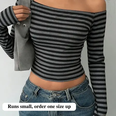 Women's Off-the-Shoulder Striped Cropped Top, Slim Fit Long Sleeve Y2K T-shirt, Casual Going Out Streetwear Style