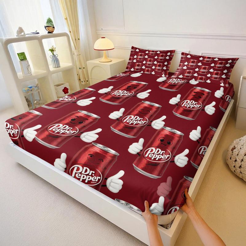 Dr Pepper Brand Full Print Fitted Sheet Set, 1 Fitted Sheet and 2 Pillowcases, Wine Red Color Base, Soft Skin-Friendly, Dustproof Anti-Wrinkle, Decorative Bedsheet Sets, Trendy Bedroom Decor for Boys and Girls