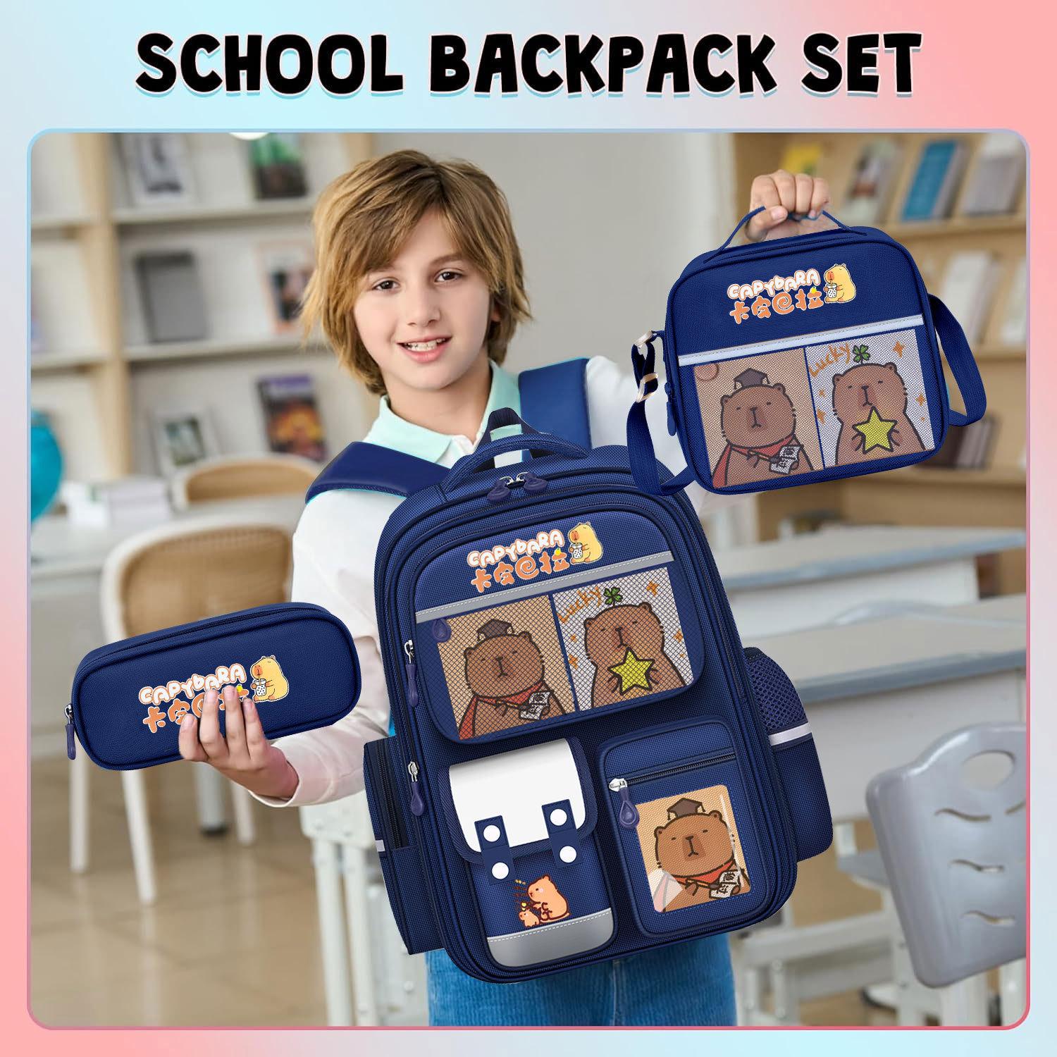 Capybara Theme Kids Backpack for Girls, 3PCS Backpack Set|  Lunch Box & Pencil Case, Bookbag for Teen Girls Kids Elementary Middle High School Students