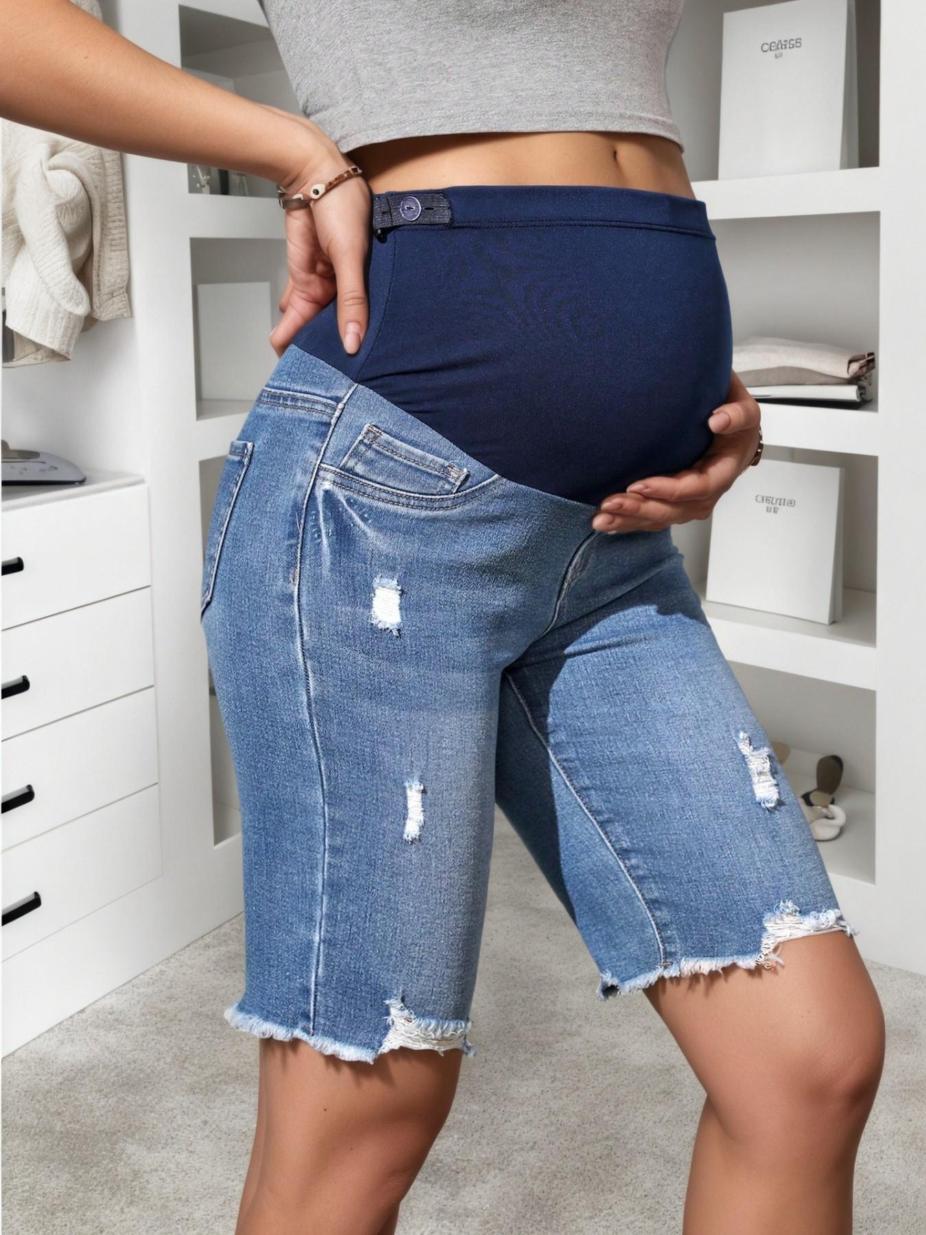 Blue Pregnant Jeans Shorts, Summer Belly Support Pants, Simple Ripped Thin Design, Wearable Outerwear, Pregnancy Clothing