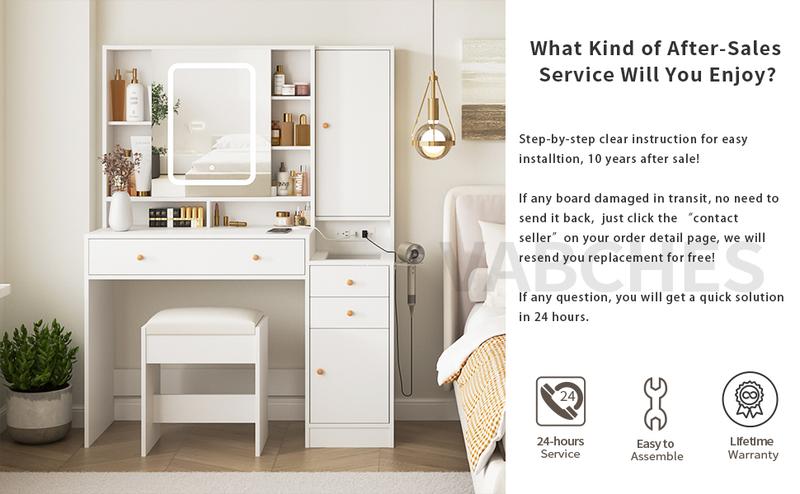 Vabches White Vanity Desk with Mirror and Lights, Vanity Table Makeup Vanity with Lights 3 Drawers and Cabinets