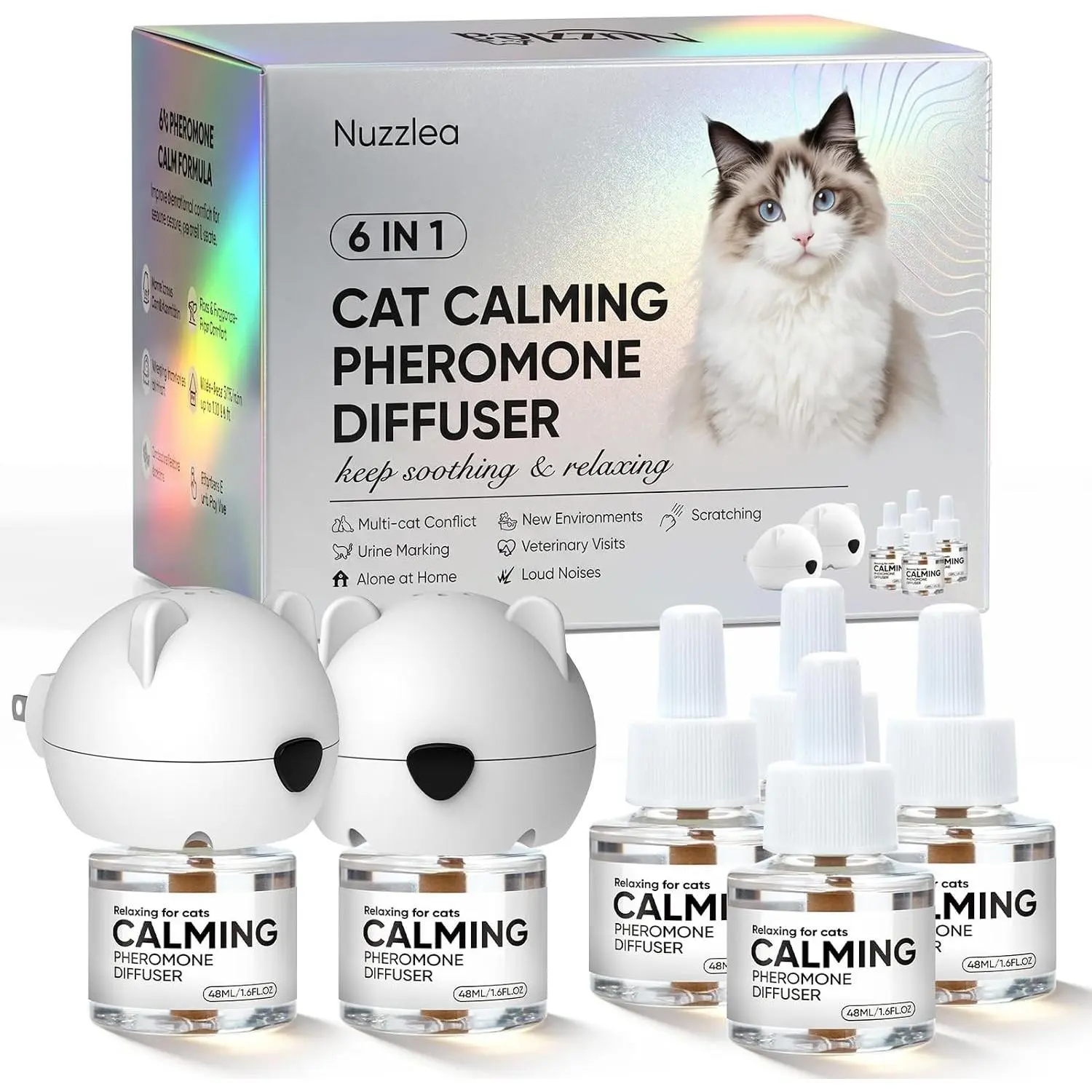 Cat Calming Pheromone Diffuser Kit with 6-in-1 Relaxing Feline Pheromone Refills Plug-in for Anxiety, Stress, Alone at Home, Spraying, Fighting and Scratching (2 Diffusers & 4 Refills)