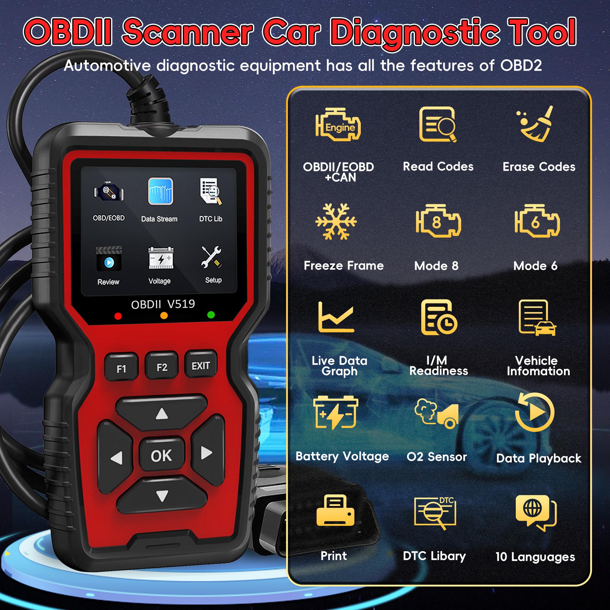 Enhanced Obd2 Scanner Code Reader, Car Engine Check Tool, Automotive Diagnostic Scanner, Reads and Erases Fault Codes, Fits All Obd Ii Cars Since 1996, No Battery Needed