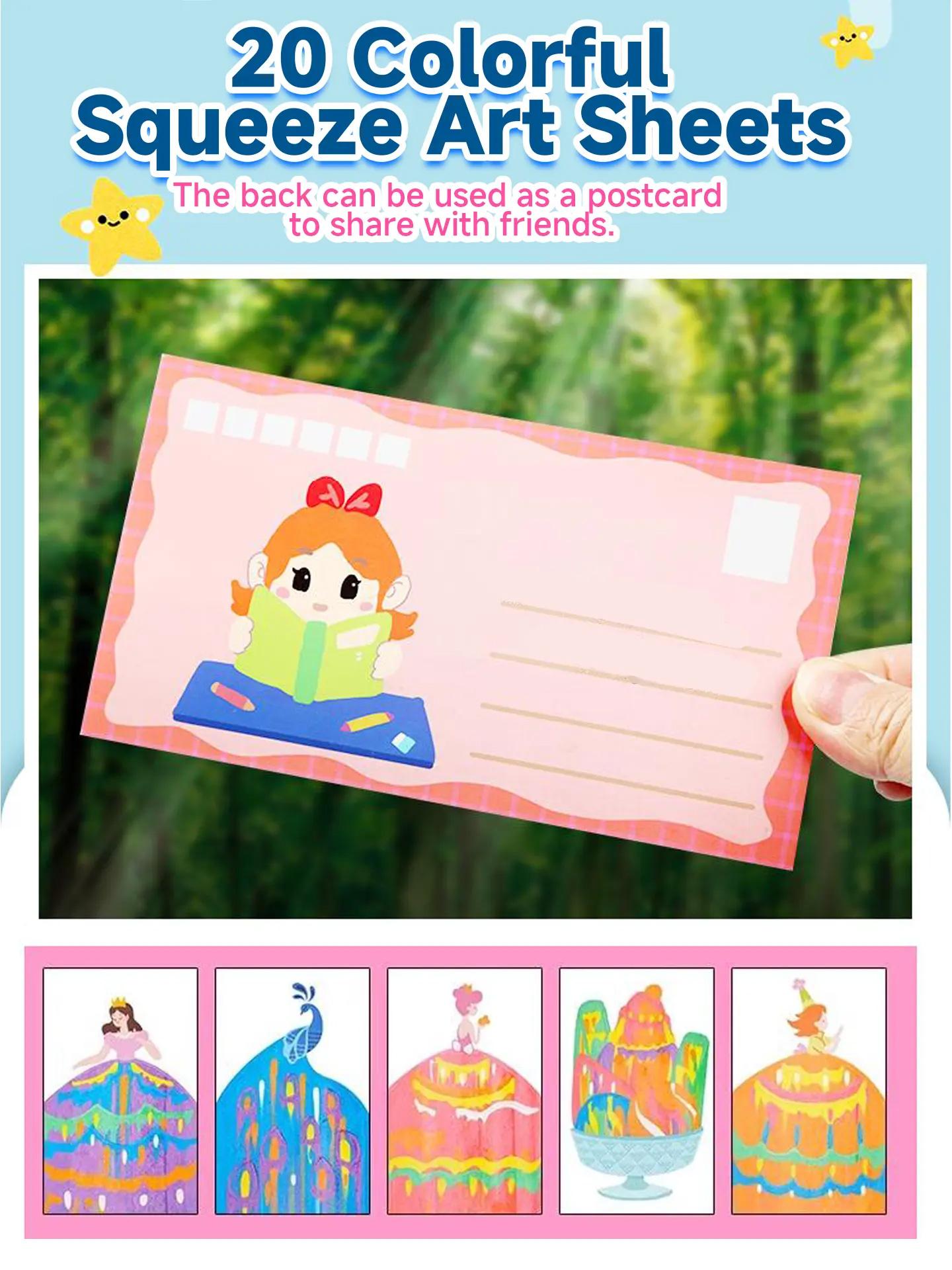 Rainbow Squeeze Art Kit - Creative Scratch & Color Art Set for Kids with 20 Drawing Papers 7 Acrylic Paints 6 Watercolor Pens 1 Sticker Sheet & Squeegee Board Perfect for DIY Art & Gifts