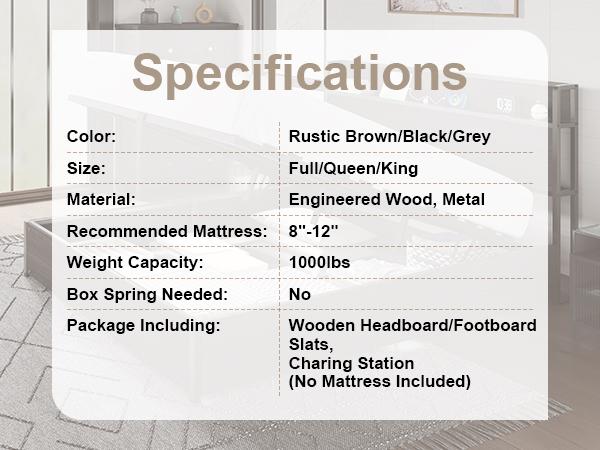 VanAcc Lift Up Storage Bed Frame, Wooden Platform Bed Frame with Lifting Storage & Charging Station, No Spring Box Needed/Noise Free