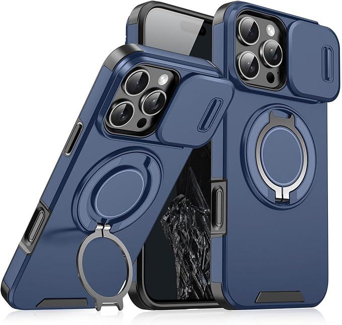 Case with Slide Camera Cover for iPhone 16 15 14 13 12 Pro Max, Rotated Ring Kickstand Military Grade Shockproof Protective Cover Rugged Heavy Duty For Men Women