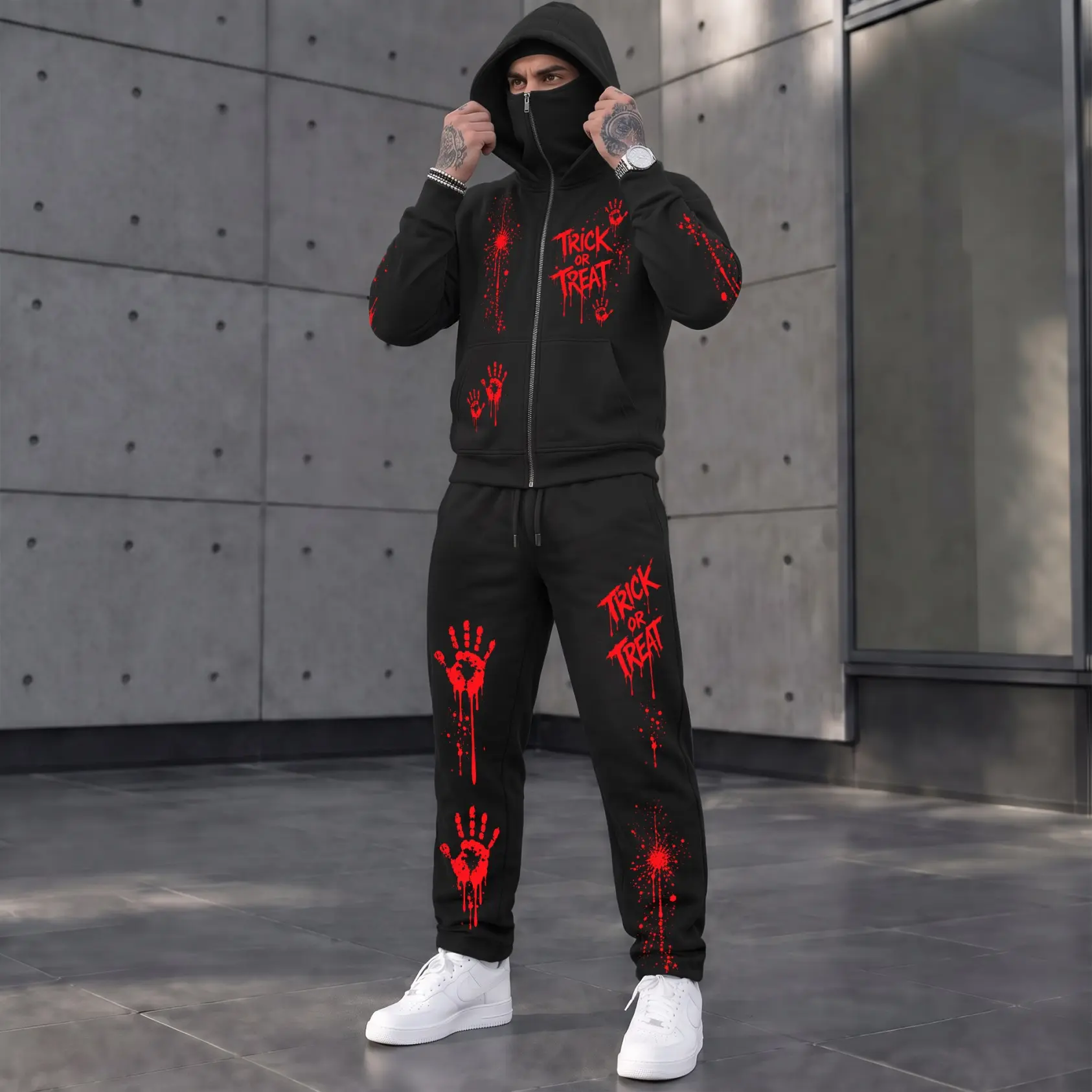 Men’s 2-Piece Hoodie and Pants Set - Regular Fit Full-Zip Graphic Print Streetwear, Bloody Handprint Design, Face Cover Hood for Halloween Party & Daily Wear, Men's 2 Piece Sets