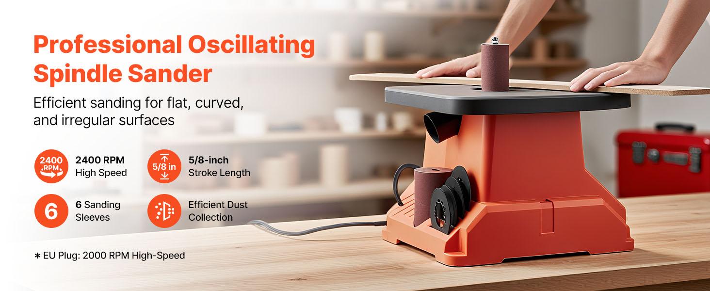 VEVOR Oscillating Spindle Sander, 2400RPM Benchtop Spindle Sander with 6 Sleeves (1/2-3), 5/8 Stroke 15.4x 16.3-inch Wide Worktable for Furniture Finishing, Crafts Sanding, DIY Woodworking VEVOR Oscillating Spindle Sander, 2400RPM Benchtop Spindle Sander with 6 Sleeves (1/2-3), 5/8 Stroke 15.4x 16.3-inch Wide Worktable for Furniture Finishing, Crafts Sanding, DIY Woodworking