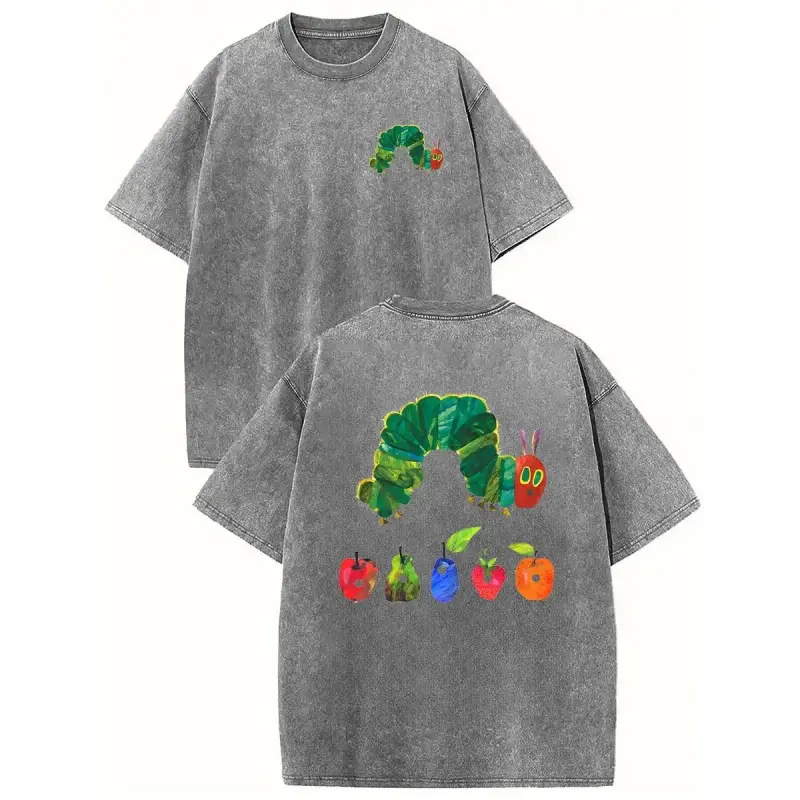 Holafish Heavyweight Cotton Crewneck Streetwear T-Shirt, Retro Acid Wash "The Very Hungry Caterpillar" Dual Side Graphic Printed Unisex Fashion Tees summervibes Casual Top