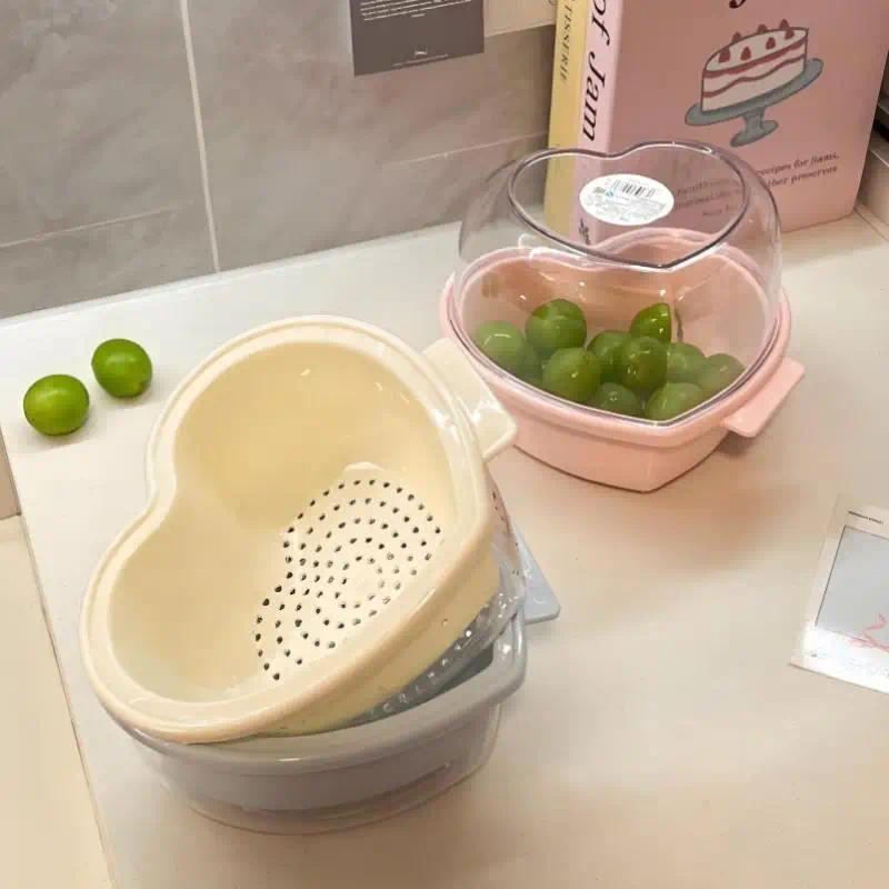 Heart-shaped Fruit Drain Basket Cute Cartoon Kitchen Drain Basket Household Vegetable Washing Basin Storage Basket
