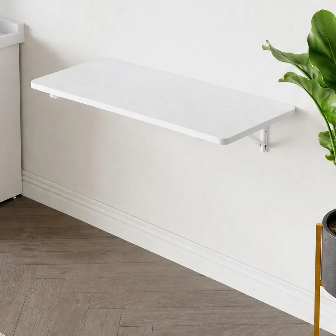 Wall Mounted Folding Table, Floating Desk for Laundry Room, Kitchen, Bathroom, Bedroom, White MDF, Space-Saving Fold Down Design