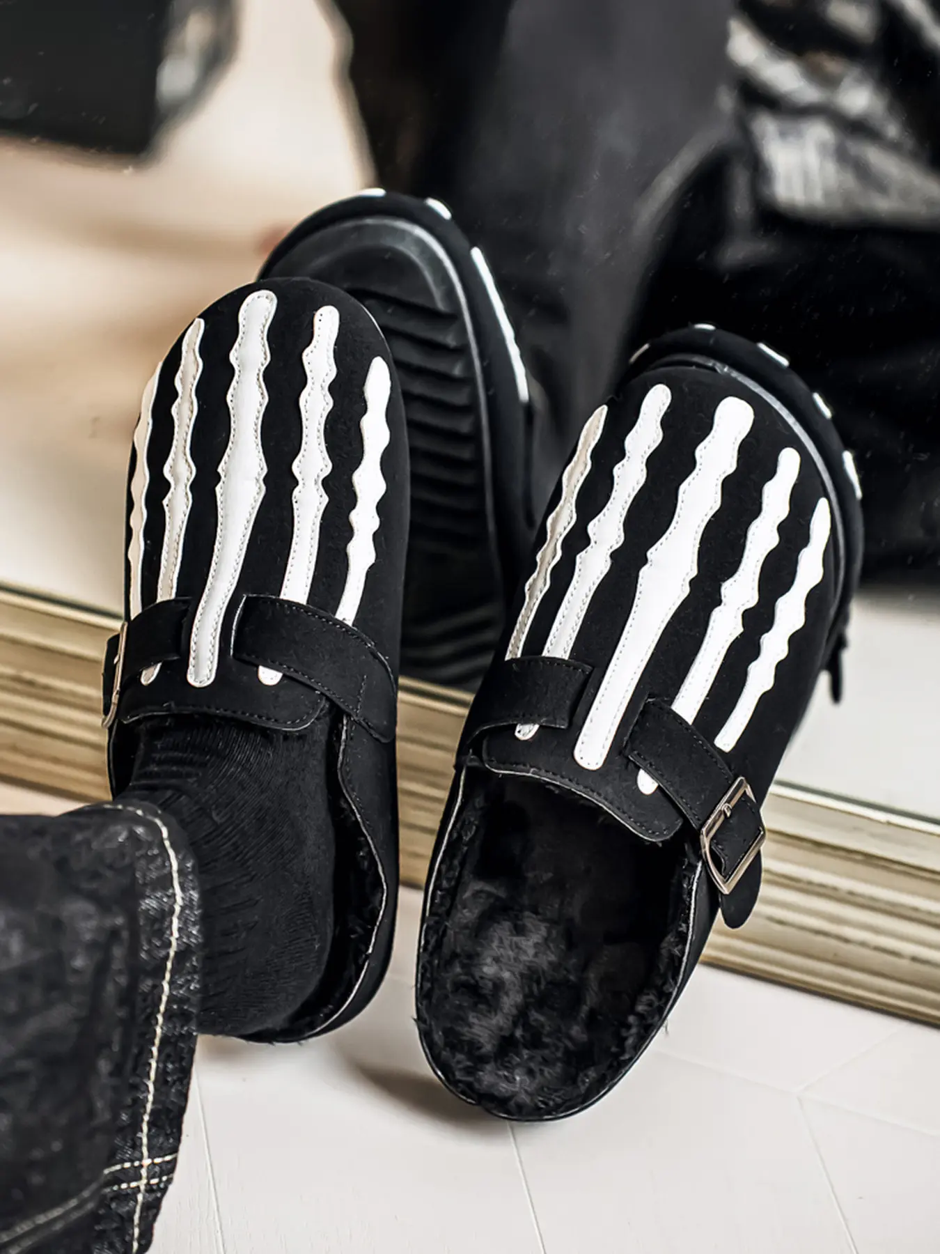 Halloween Skeleton Bone Fleece Lined Slip-On Mule Clogs, Unisex Black Faux Suede Upper Thick Warm Plush Interior, Adjustable Buckle Strap Non-Slip Flat Sole Spooky Gothic Shoes for Cold Weather Daily Wear
