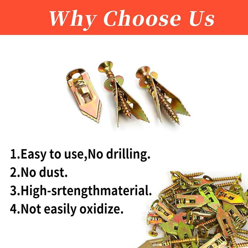 60Count Drywall Self Drilling Anchors and Screws,Easy Application,No Drill or Holes in Wall,Heavy-Duty Zinc-Plated Steel Anchors with Self-Tapping Screws,Hollow Screws and Anchors for TV,Bicycle,Cabinet Fixing Accessories.