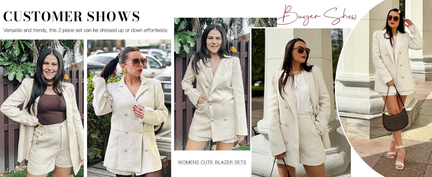FMEYOA Womens 2 Piece Tweed Blazer Shorts Sets Long Sleeve Double Breasted Suit Jackets Business Outfit Fabric Formal M1H684