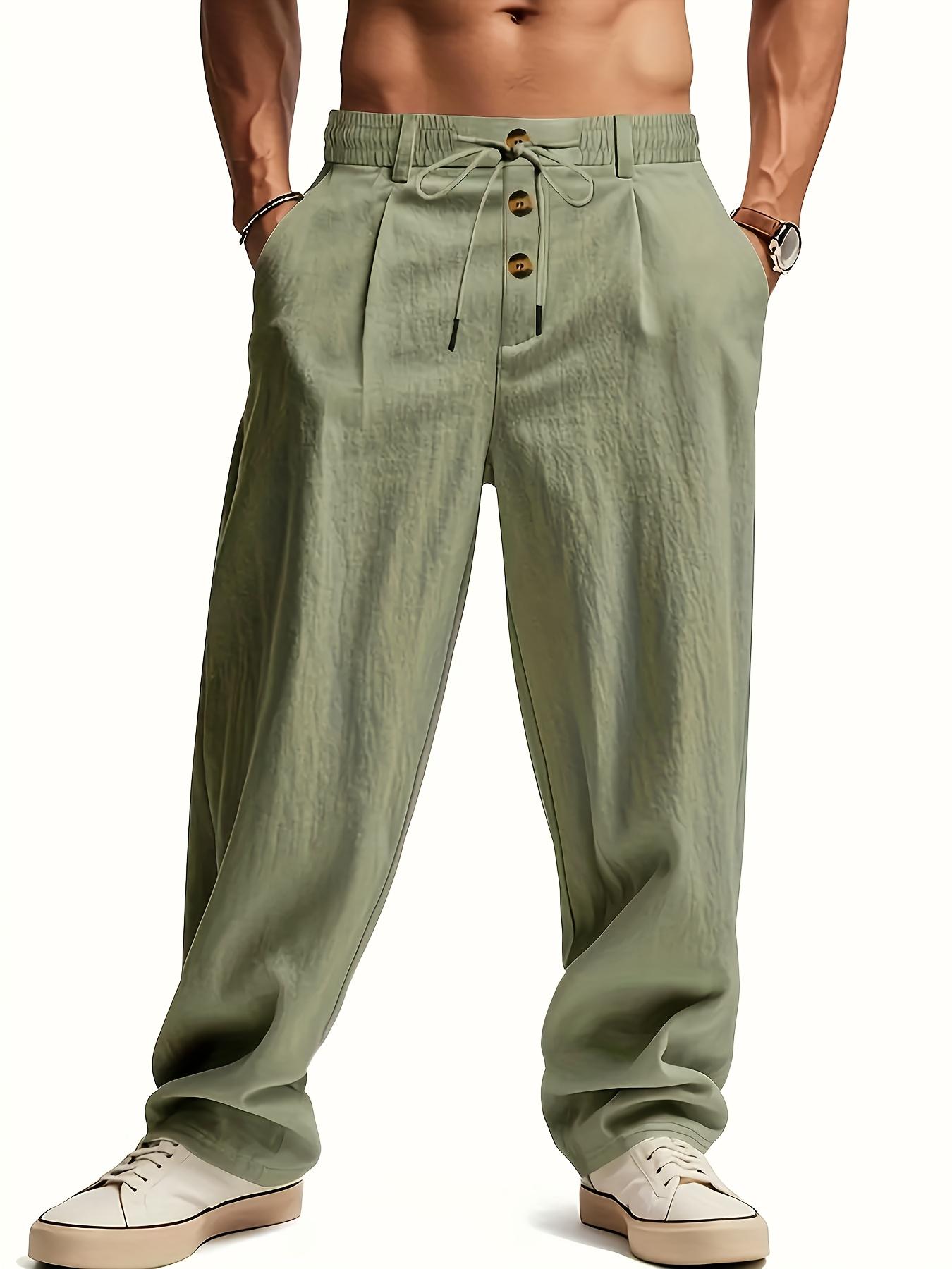 3 pieces of men's summer plain-color simple linen casual straight-leg trousers, Casual Solid Drawstring, beach-friendly lightweight breathable linen trousers, suitable for daily commuting and outdoor activities, vacations, beaches, Casual Fashion Pockets
