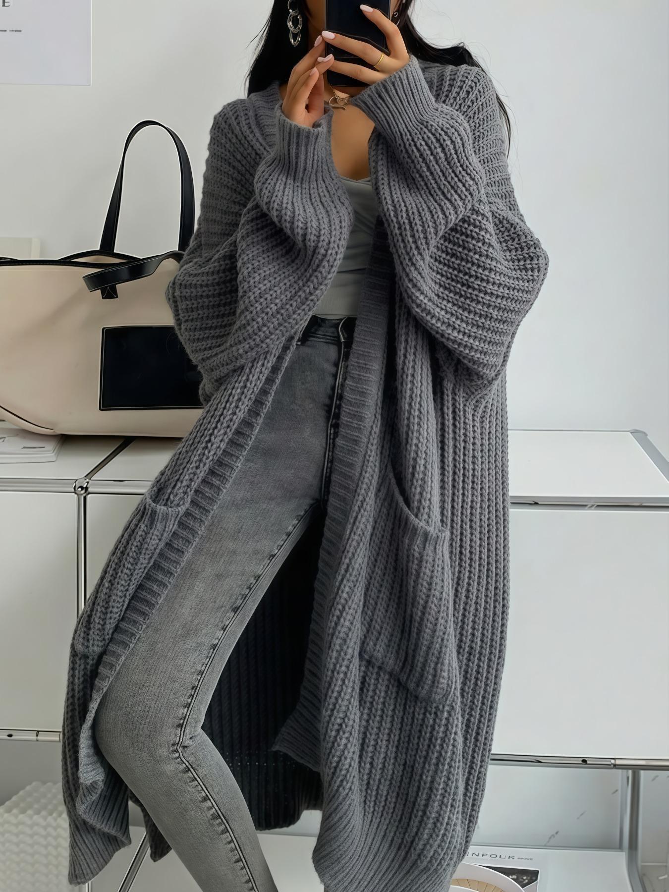 Women's Oversized Y2K Long Knit Cardigan, Ribbed Knit Fabric with Pockets, Loose Fit, Perfect for Spring, Fall and Winter, Casual Layering Outerwear